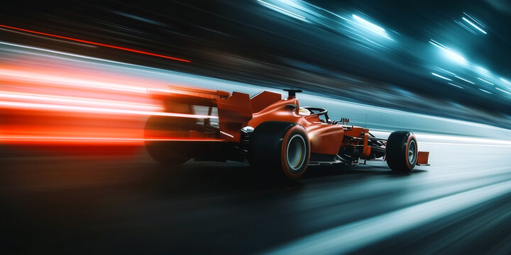Formula 1 racing car in high-speed motion. Red vehicle with aerodynamic design on track. Dynamic light trails illustrate velocity and performance. Motorsport competition, engineering excellence, tech