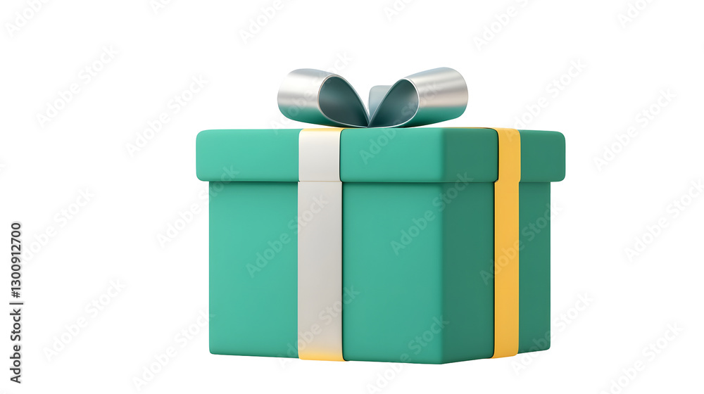 Poster elegant 3d cartoon design of a green gift box with a silky silver ribbon glowing softly under studio