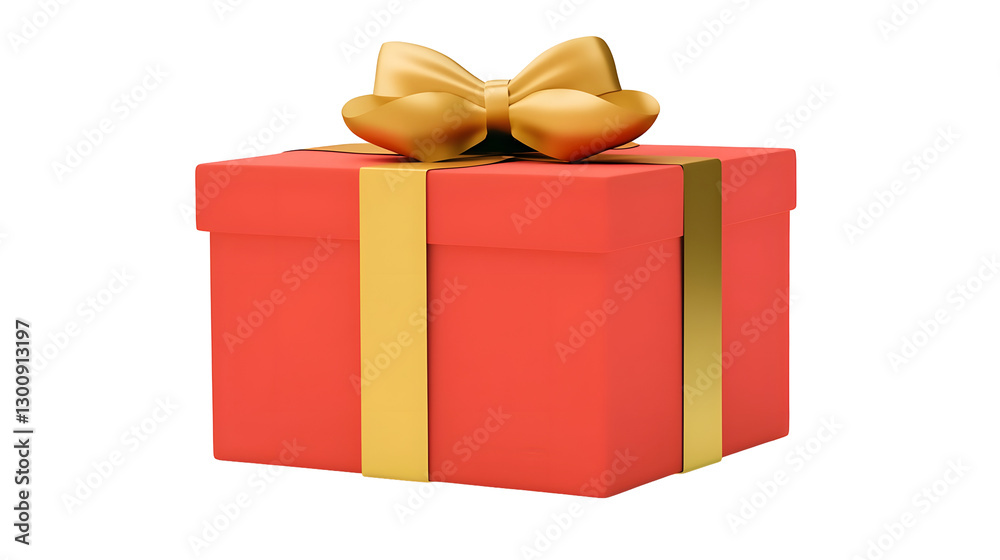 Poster vibrant red gift box with shiny golden ribbon and neatly tied bow in 3d cartoon on transparent backg