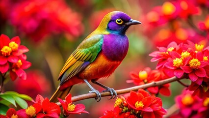 Fototapeta premium Vibrant Rainbow Bird Perched on a Branch Amidst a Blooming Garden of Crimson Flowers