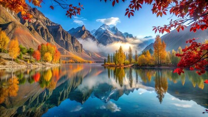 Autumnal Serenity Majestic Mountain Reflections in a Still Lake, Framed by Vibrant Fall Foliage
