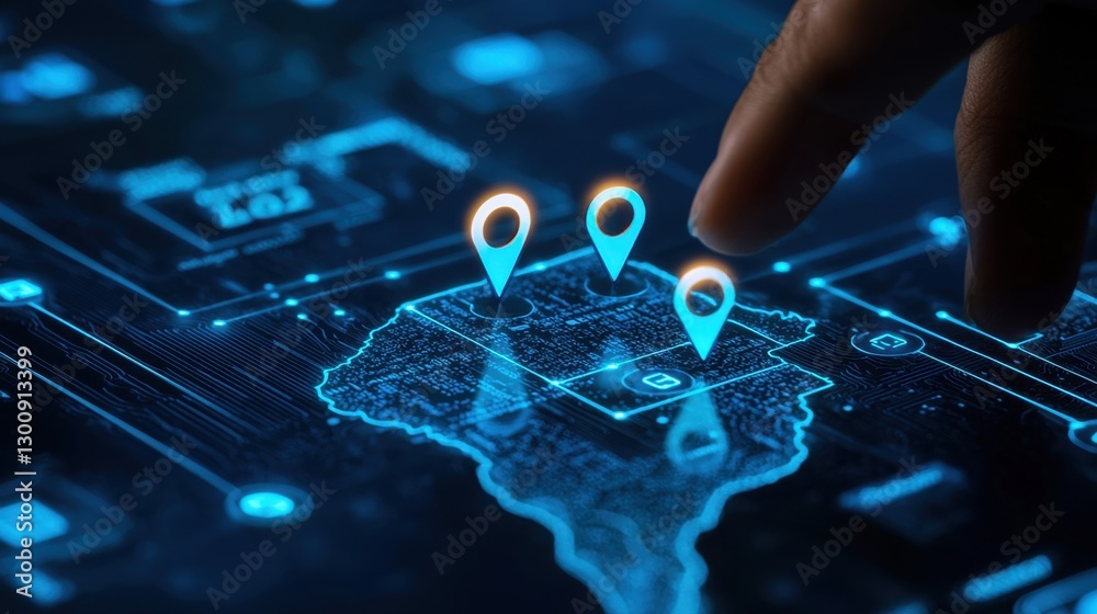Poster digital map interaction with location pins on a futuristic interface background in a technology cont