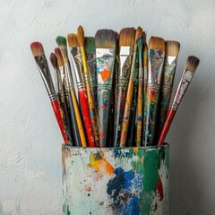 Obraz premium Collection of Paintbrushes in a Rustic Container Showcasing Vibrant Paint Stains and a Textured Background