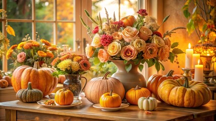Autumnal Harvest Table Display Featuring Vibrant Flowers and Pumpkins Illuminated by Candlelight