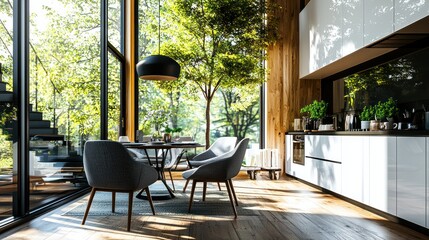 Fototapeta premium Modern dining area with large windows and beautiful surrounding nature