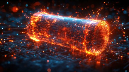 Glowing Cylinder, Energetic Particles, Dark Background