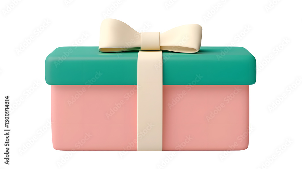 Poster vibrant 3d cartoon of a pink gift box wrapped with a silky white ribbon and a neatly tied bow isolat