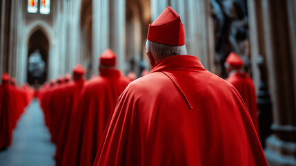 A group of cardinals in red robes walking through a grand cathedral, with the focus on their backs.
