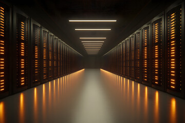 Server Room: A long, dark corridor lined with rows of servers, glowing with orange lights. A minimalist, futuristic, tech-centric design.