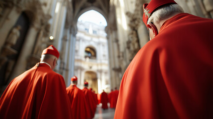 Obraz premium A group of cardinals in red robes walking through a grand cathedral, with the focus on their backs. 