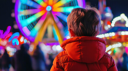 Obraz premium A child in a cozy winter jacket and striped hat standing at a carnival, gazing at colorful lights.