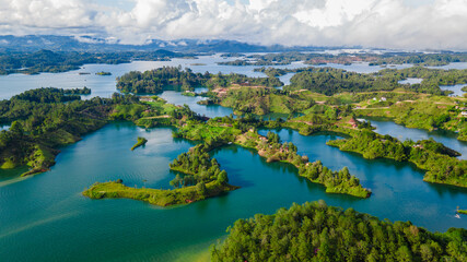 Stunning Aerial View of Guatape's Serene Lakes and Lush Landscapes in Antioquia, Colombia