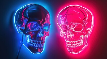 Dual Neon Skull Faces: A striking contrast between opposing luminous entities