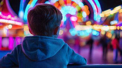Obraz premium A child in a cozy winter jacket and striped hat standing at a carnival, gazing at colorful lights. 