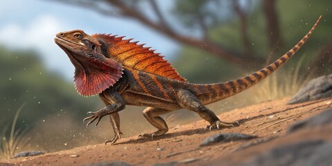 a frilled-neck lizard walking on the ground. It's a vibrant image of a frilled-neck lizard with its iconic frill displayed