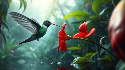 Hummingbird Feeding on Red Flowers in Rain Lush Jungle Scene