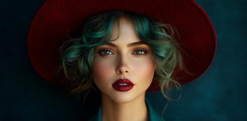 Naklejka premium A beautiful woman with red hair and red lipstick wears an elegant, wide-brimmed hat, looking directly at the camera in front of a dark navy background.
