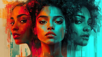 Obraz premium Abstract portrait of a group of urban women with vibrant colors and street art elements, featuring a sea-green color palette. Artistic composition emphasizing expressive facial features.
