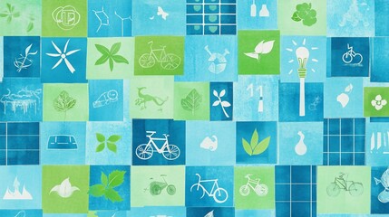 Sustainable City Collage Eco-Icons, Blue Green Tiles, Background Texture, Report Illustration