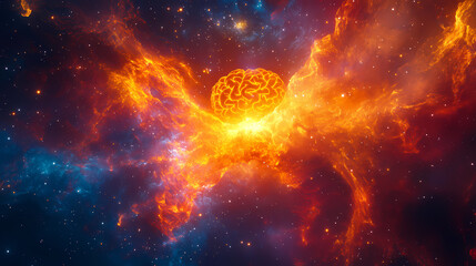 Obraz premium Glowing Human Brain Model Floating in Fiery Red and Orange Clouds