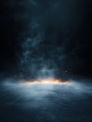 Dramatic scene with a tiled surface, rising smoke, and scattered sparkling orange particles