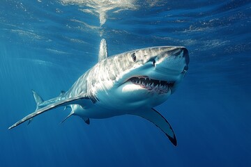 Fototapeta premium Great white shark swimming in the ocean depths showing its teeth