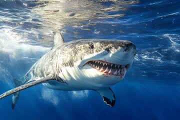 Fototapeta premium Great white shark swimming in deep blue ocean showing its teeth