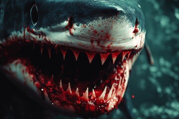 Close-up of a great white shark with blood around its mouth, showing its dangerous teeth