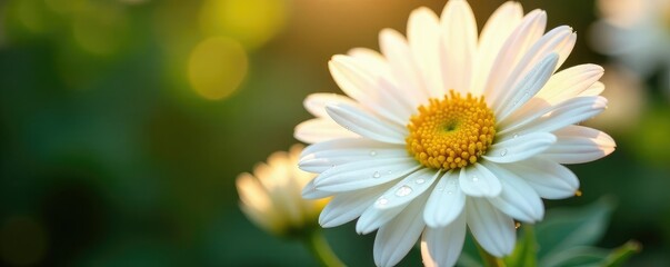Fototapeta premium Dew drops glisten on white Chrysanthemum petals soft light warm summer morning, petals, soft light, white