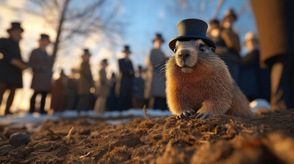 A groundhog wearing a top hat with a crowd in the background, celebrating Groundhog Day.