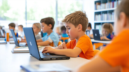 Fototapeta premium A group of children sitting in a classroom using laptops to work or study.