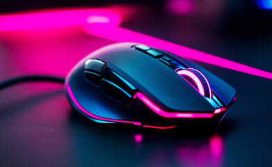 A gaming mouse with neon lights reflecting in a dark environment, showcasing a futuristic design.
