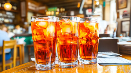 Three Aperol spritz cocktails with ice and fruit garnish at a bar