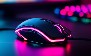 A gaming mouse with neon lights reflecting in a dark environment, showcasing a futuristic design.
