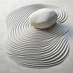 Naklejka premium Calm Stone Rests on Textured Sand Creating Harmonious Wave Patterns in Soft Light