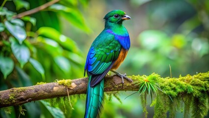 Obraz premium Vibrant Resplendent Quetzal Perched on Mossy Branch in Lush Rainforest