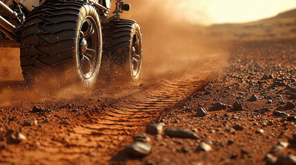Obraz premium Martian rover wheel leaves deep tracks in red dust during mission exploration