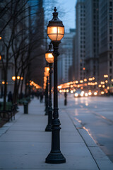 Fototapeta premium City lights at dusk illuminate a sidewalk lined with old-fashioned lampposts, creating a warm glow against the backdrop of tall buildings.