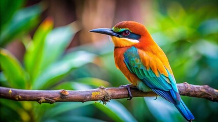 Fototapeta premium Vibrant avian perched on branch, showcasing iridescent plumage against lush green foliage, a captivating study in natural beauty