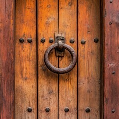 Rustic Wooden Door With a Metal Knocker Showcasing Craftsmanship and History in a Quaint Village Setting