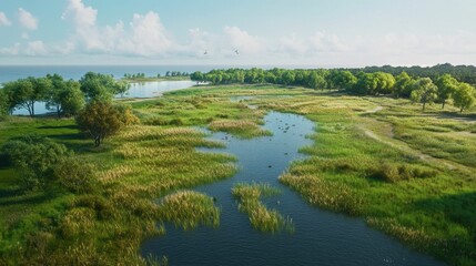 Coastal wetland, waterway, green vegetation, sunny sky.