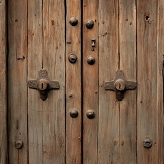 Fototapeta premium Weathered Wooden Doors With Intricate Metal Handles and a Visible Keyhole in an Old Building