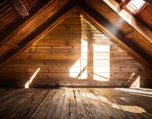 abstract grunge wooden interior of an attic room stripes of sunligh