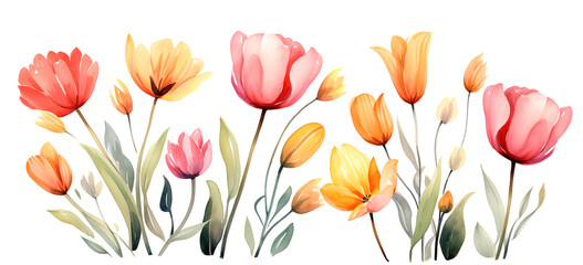 Beautiful watercolor tulip flowers on a white background, capturing the essence of spring. Ideal for seasonal designs, invitations, and decor