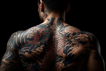 Muscular man showing his colorful dragon tattoo covering his entire back