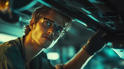 A car mechanic wearing glasses is working under a car on an elevated platform. This is a close-up portrait of a professional auto technician with tools at work.
