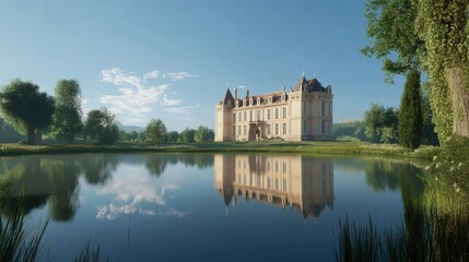 Obraz premium A wide-angle view of a French reflected in a serene moat under a clear blue sky