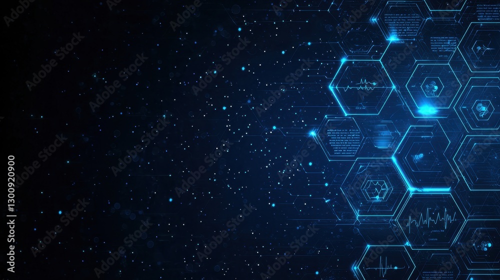 Poster futuristic digital interface with glowing hexagons and data patterns on a dark background showcasing