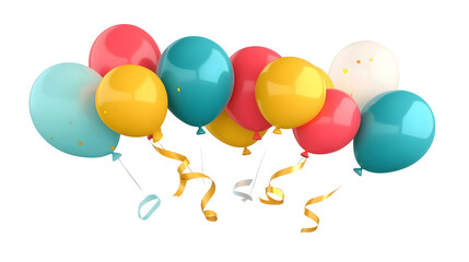Charming 3D colorful balloons with a mix of metallic and matte textures tied with curling ribbons ideal for a festive Transparent background cutout format