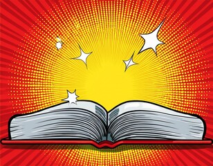 yellow and red background of the book in comic style pop art superhero lightning blast halftone dots cartoon vs  illustration